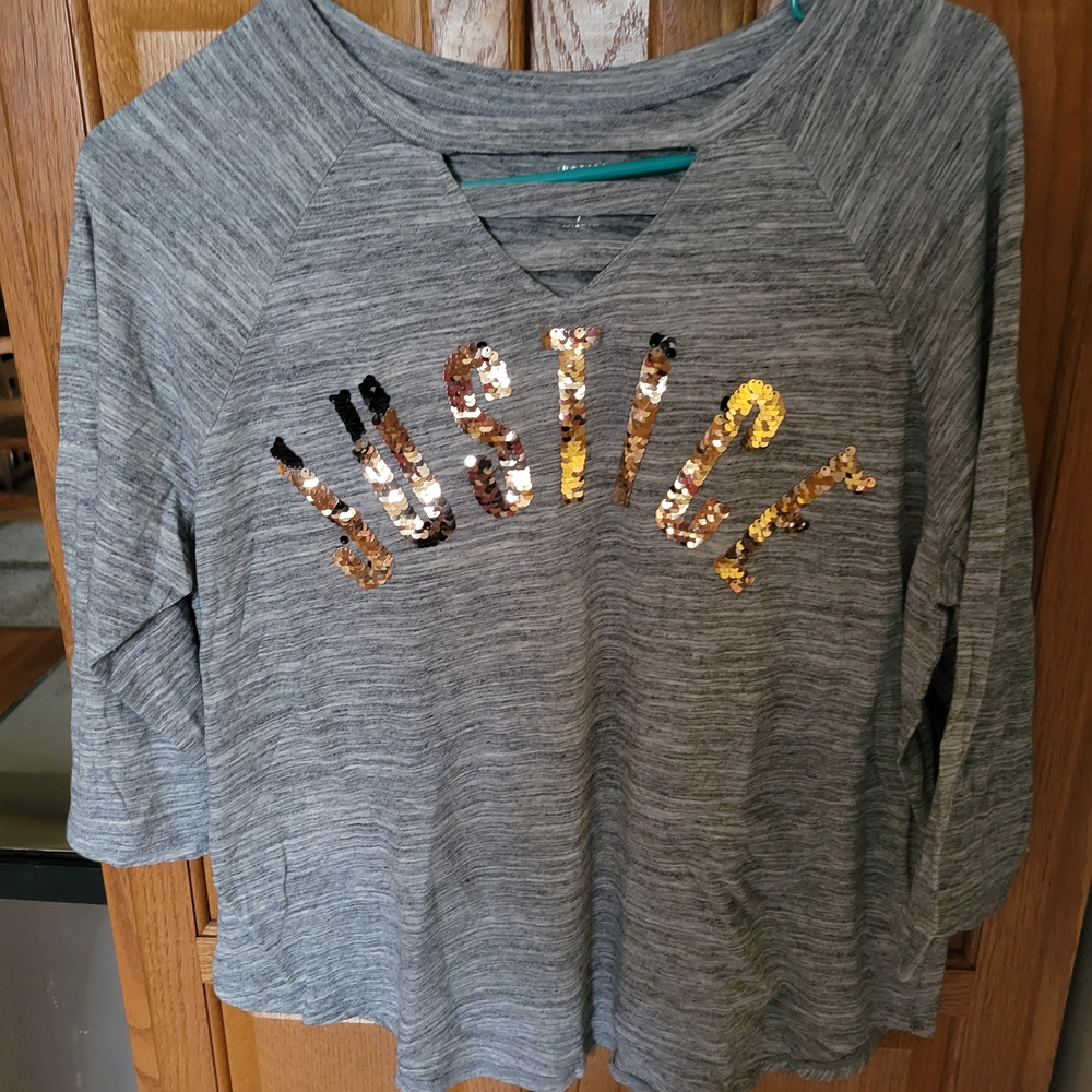 Justice Gray Top with Gold Sequin Logo